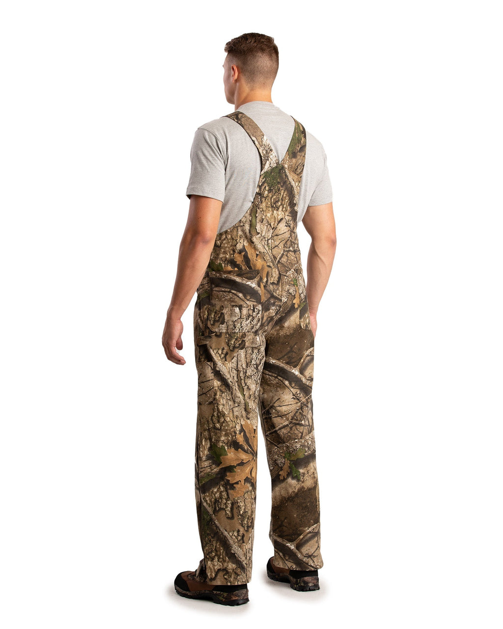 Back view of camouflage unlined duck bib overalls