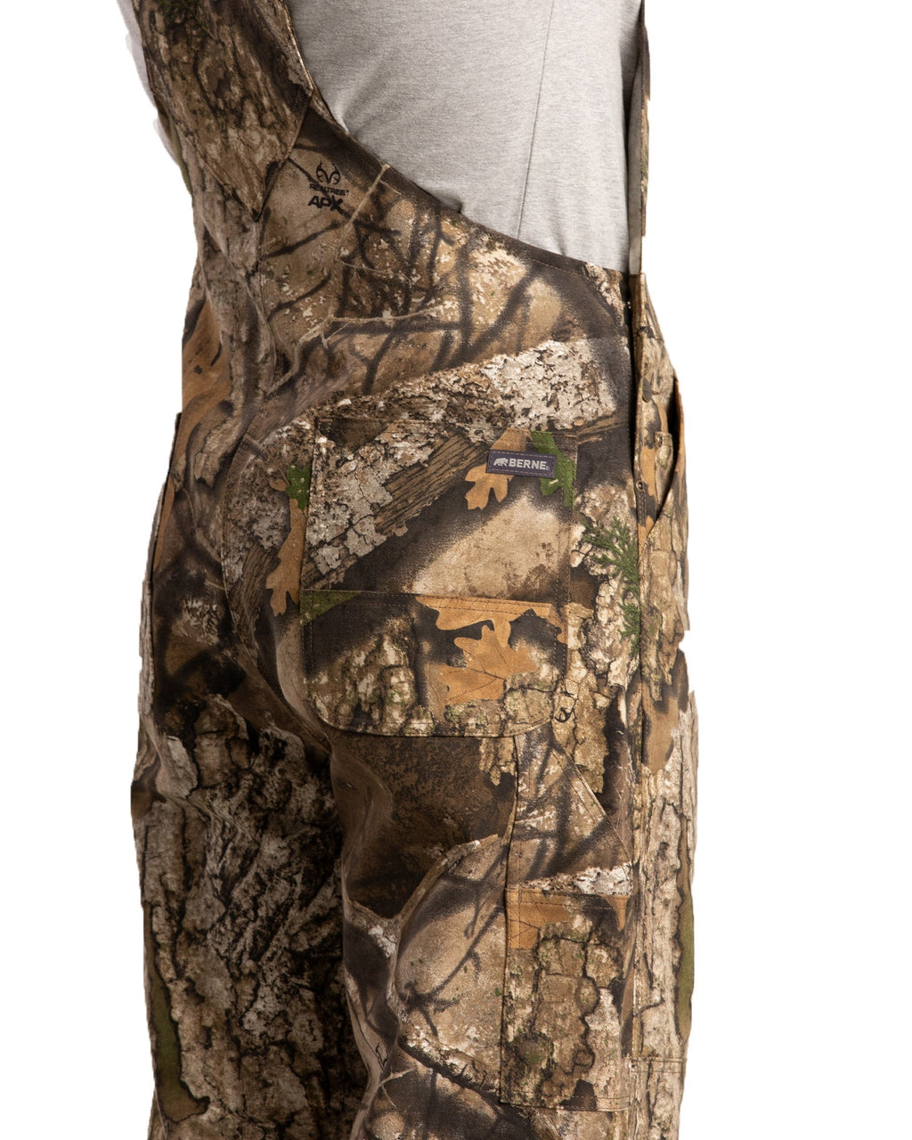 Close detail of camouflage unlined duck bib overalls