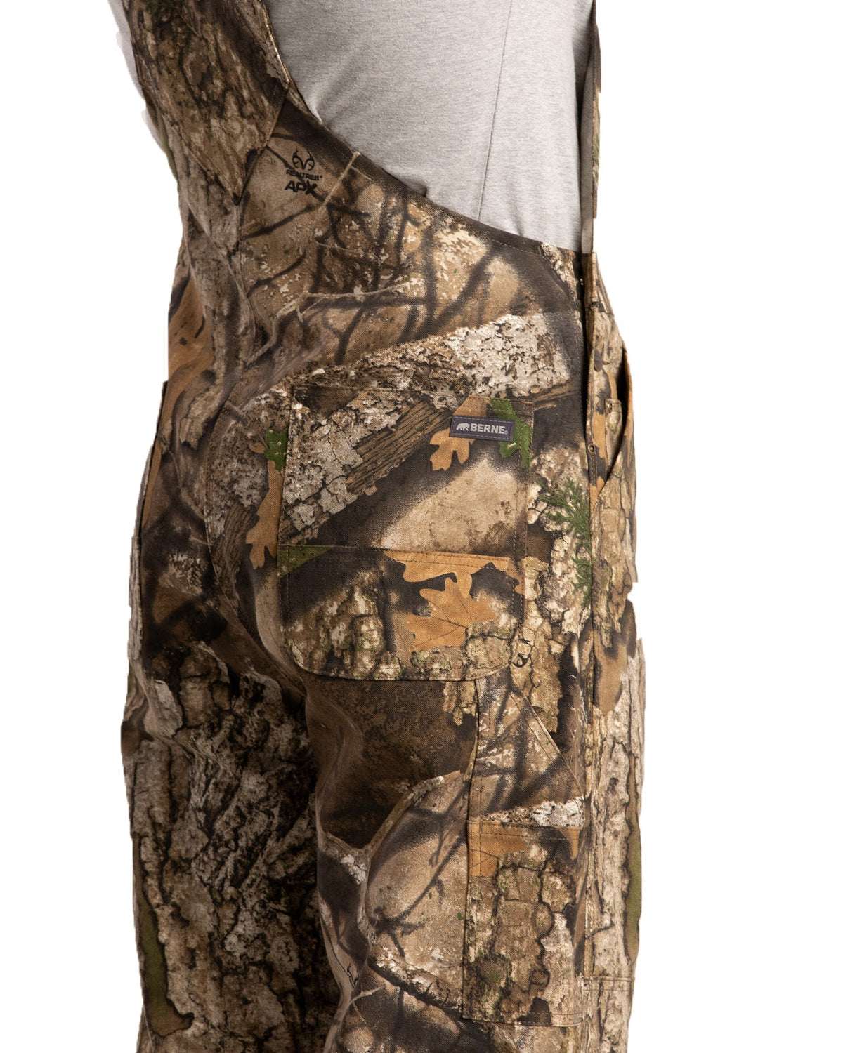 Close detail of camouflage unlined duck bib overalls