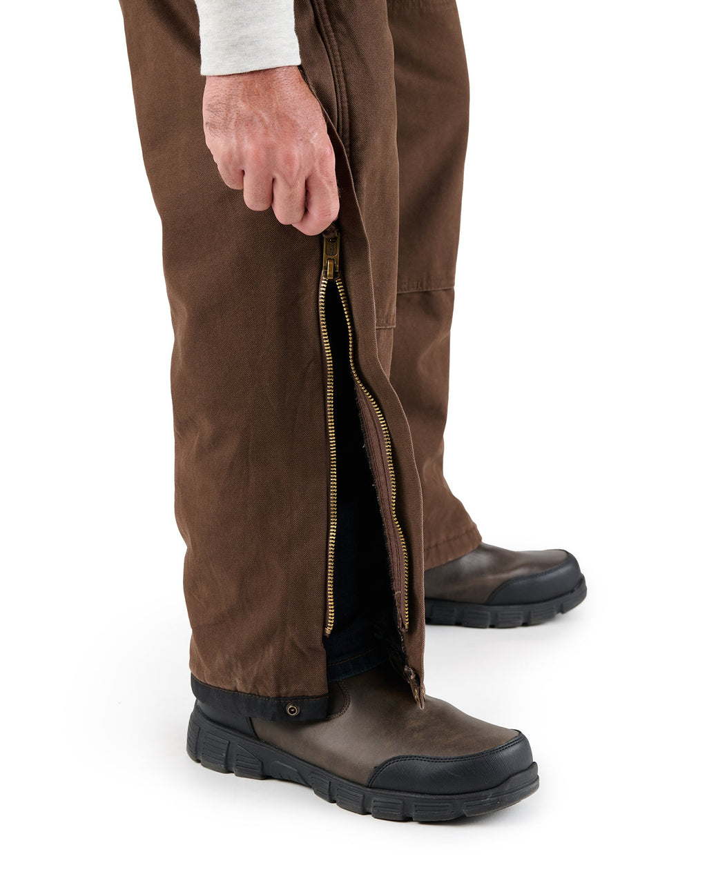 Close detail of traditional insulated duck bib overalls