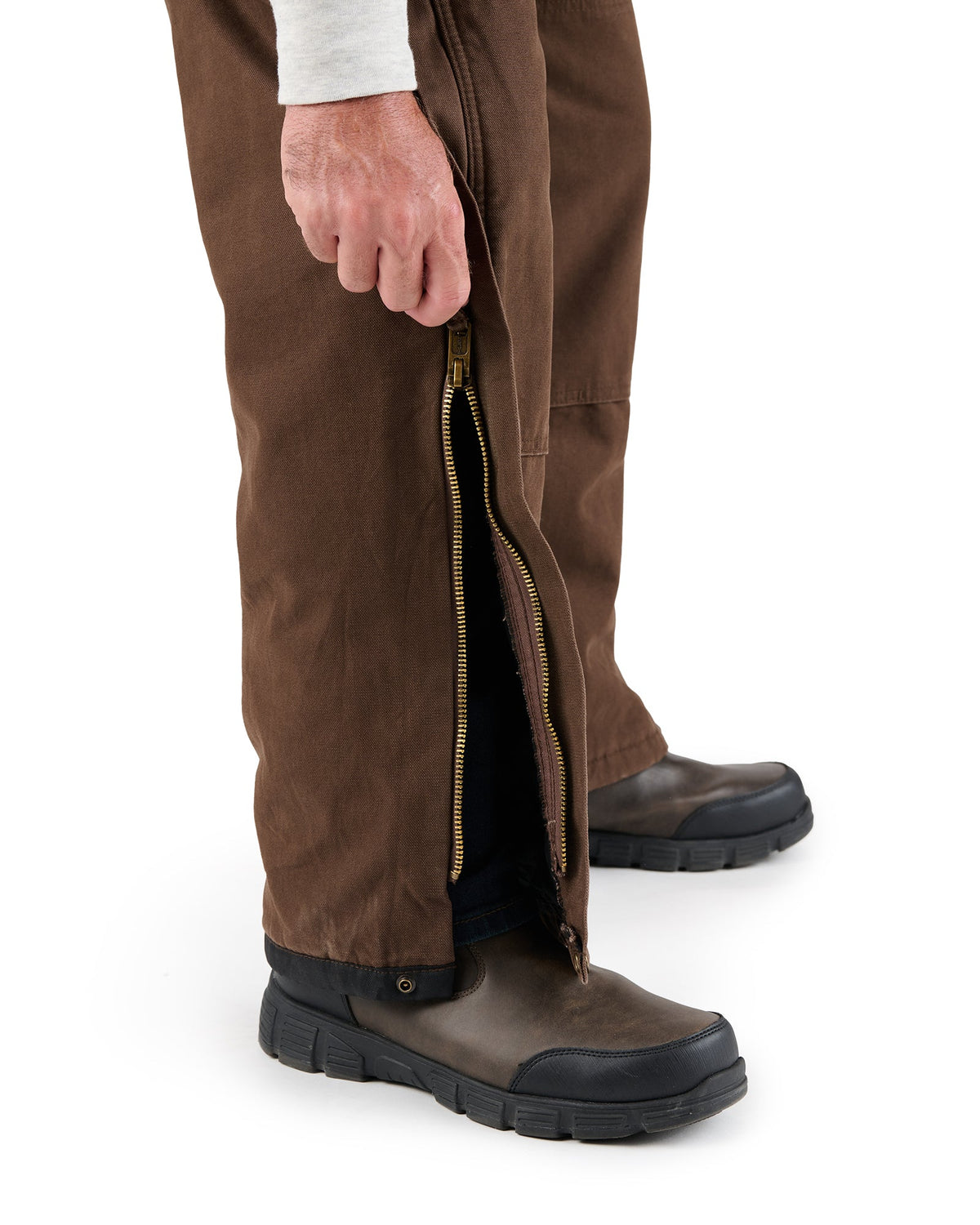 Close detail of traditional insulated duck bib overalls