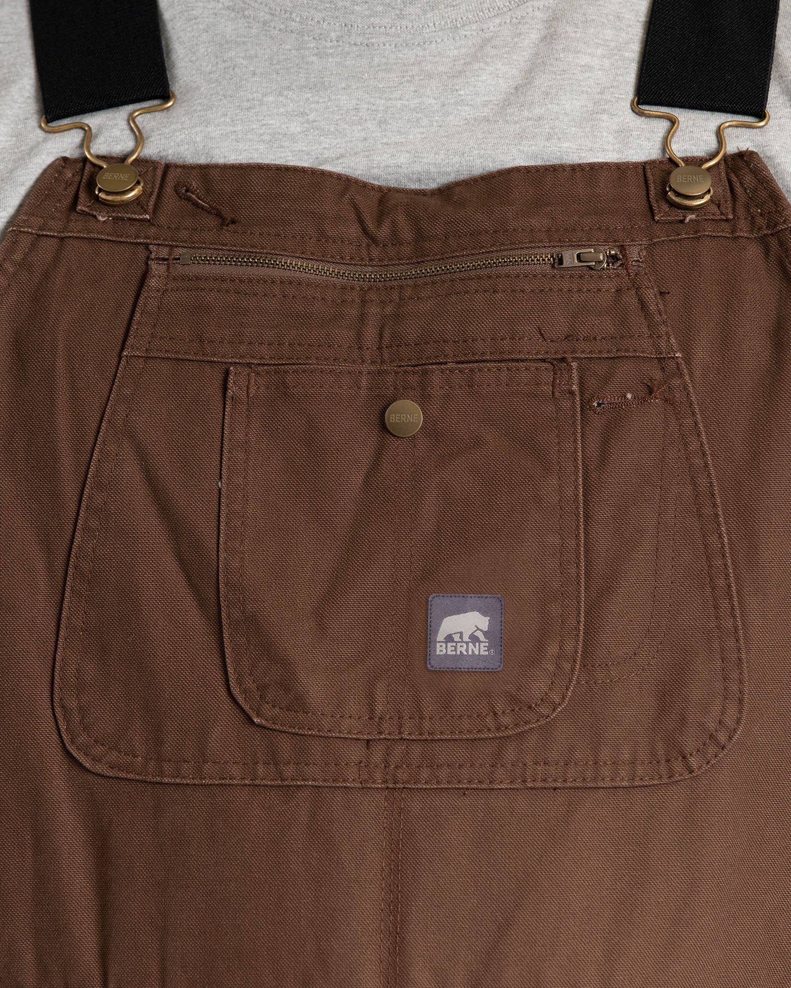Close detail of traditional insulated duck bib overalls, alternate shot