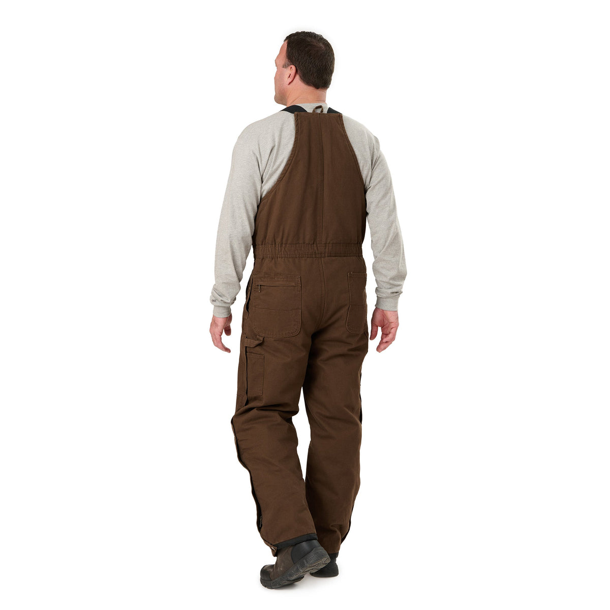 Back view of washed duck bib overalls with insulation