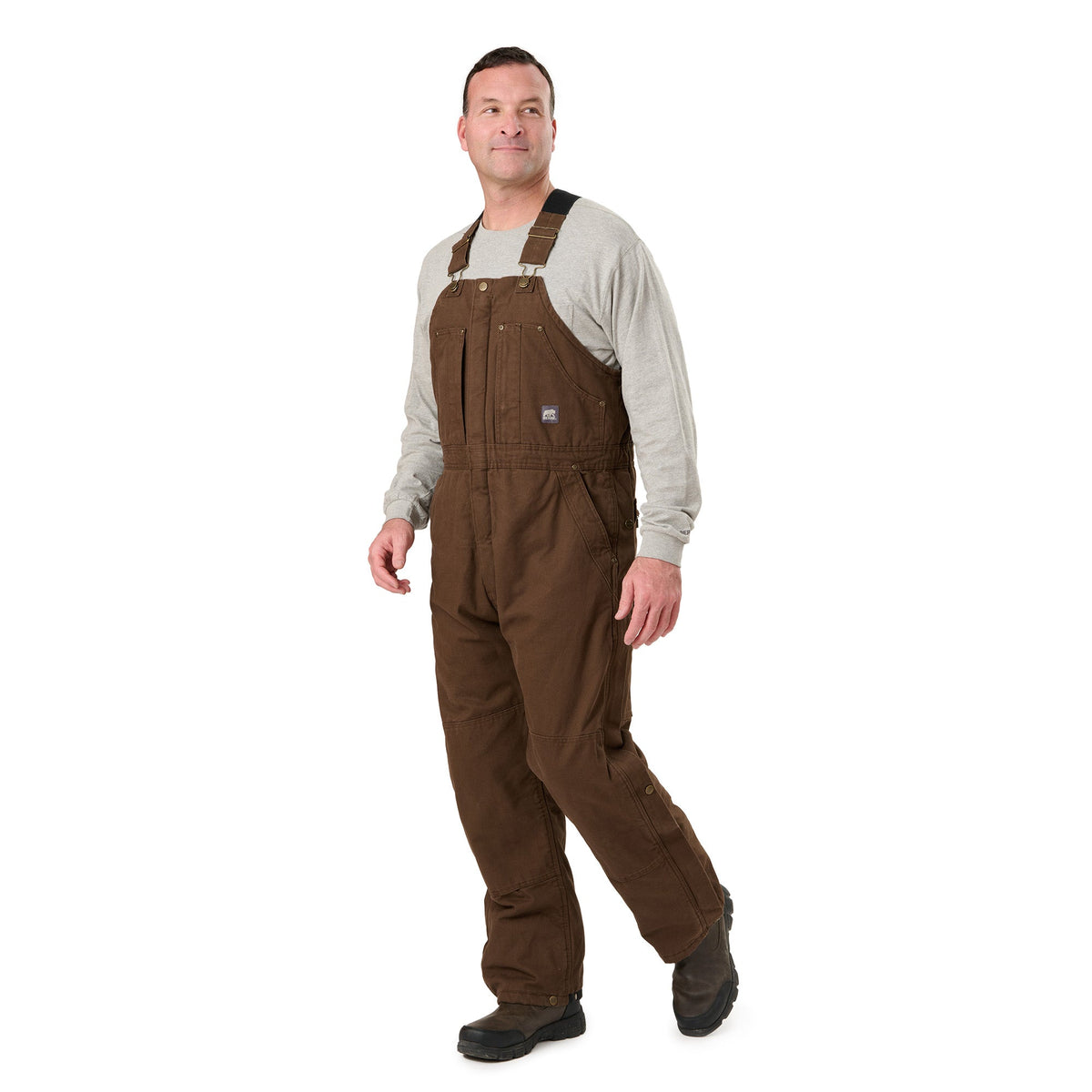 Front view of washed duck bib overalls with insulation