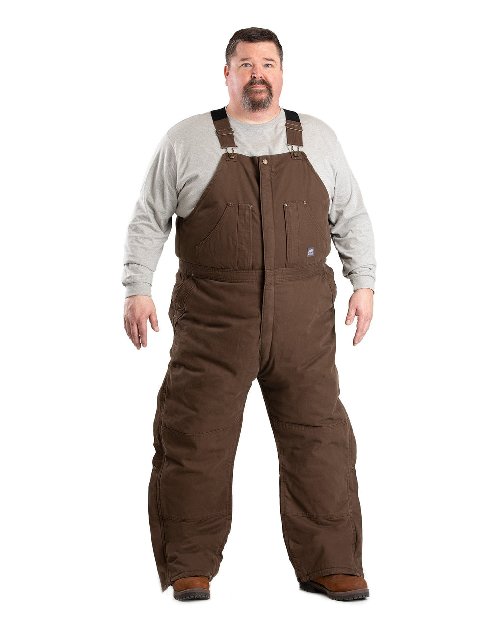Front view of washed duck bib overalls with insulation, alternate shot