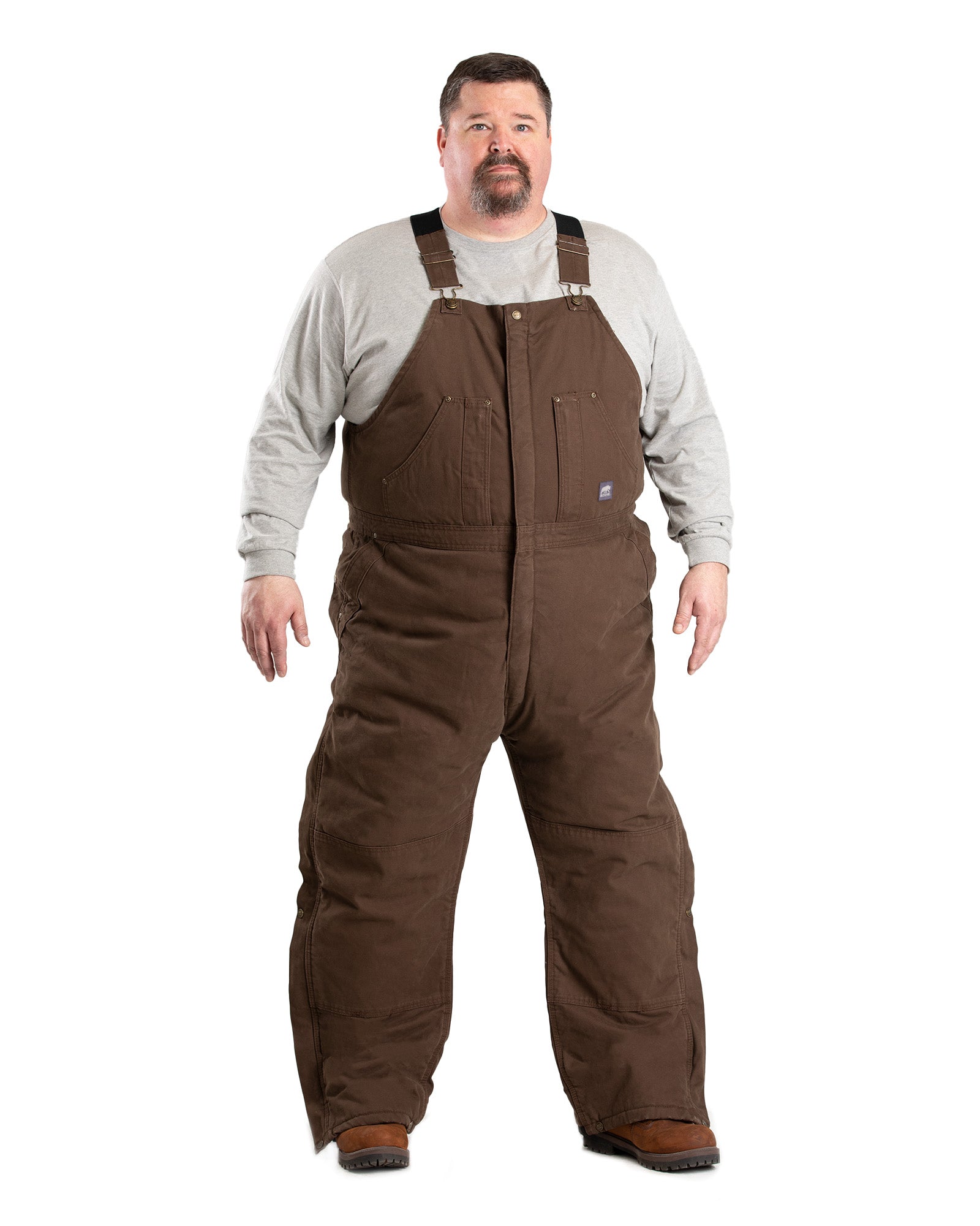 Front view of washed duck bib overalls with insulation, alternate shot