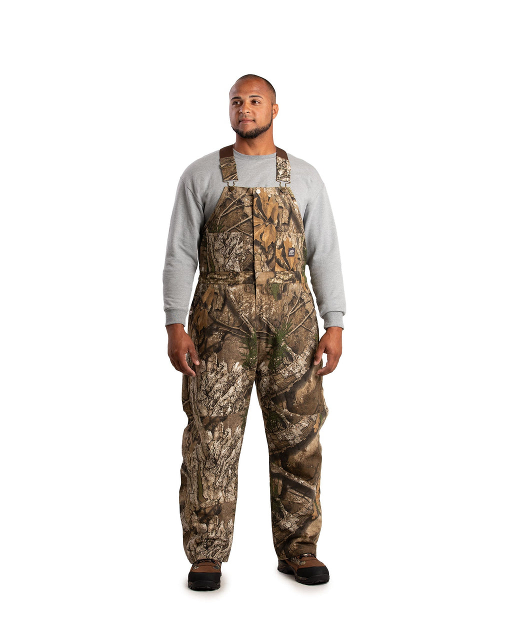 Front view of camouflage insulated duck bib overalls