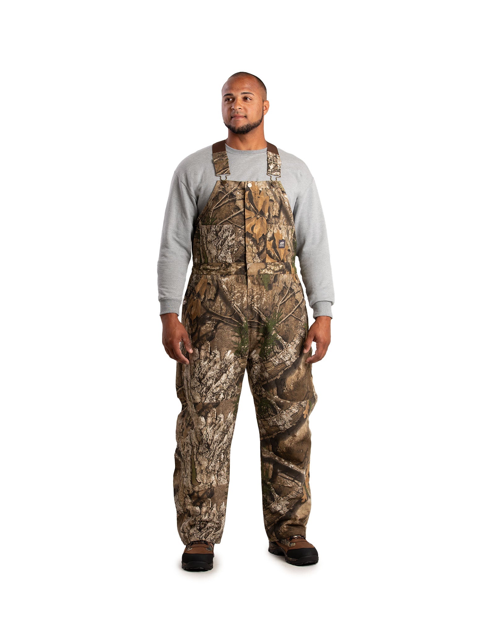 Front view of camouflage insulated duck bib overalls