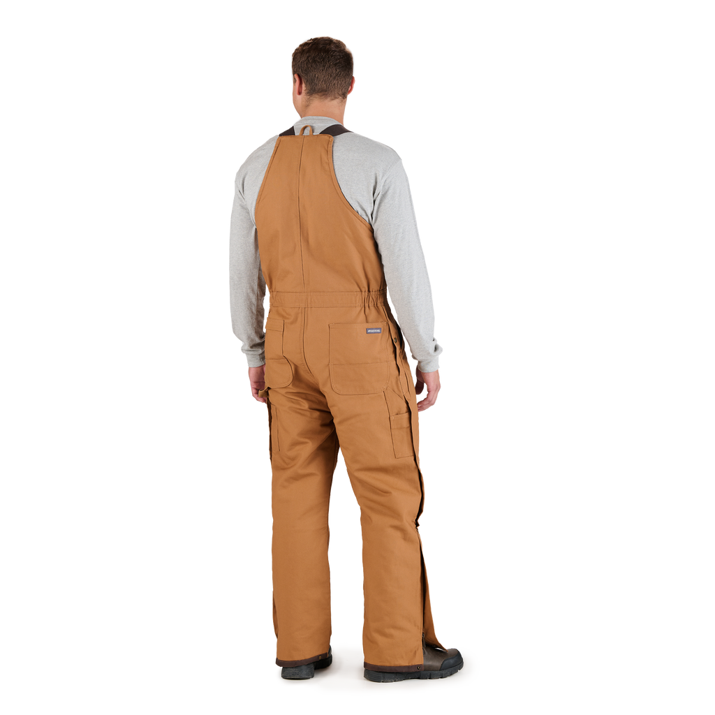 Back view of insulated brown duck bib overalls