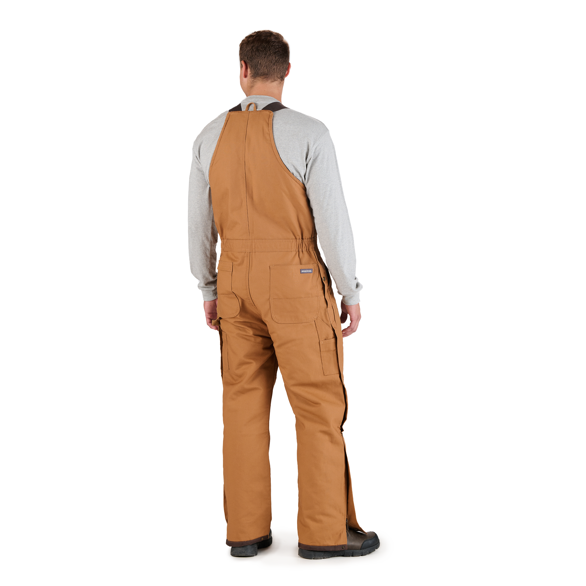 Back view of insulated brown duck bib overalls
