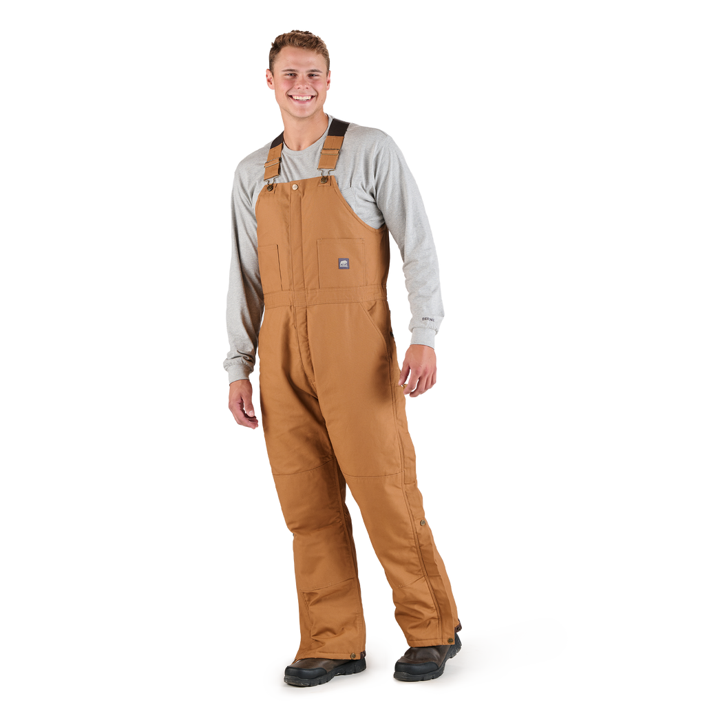Front view of insulated brown duck bib overalls