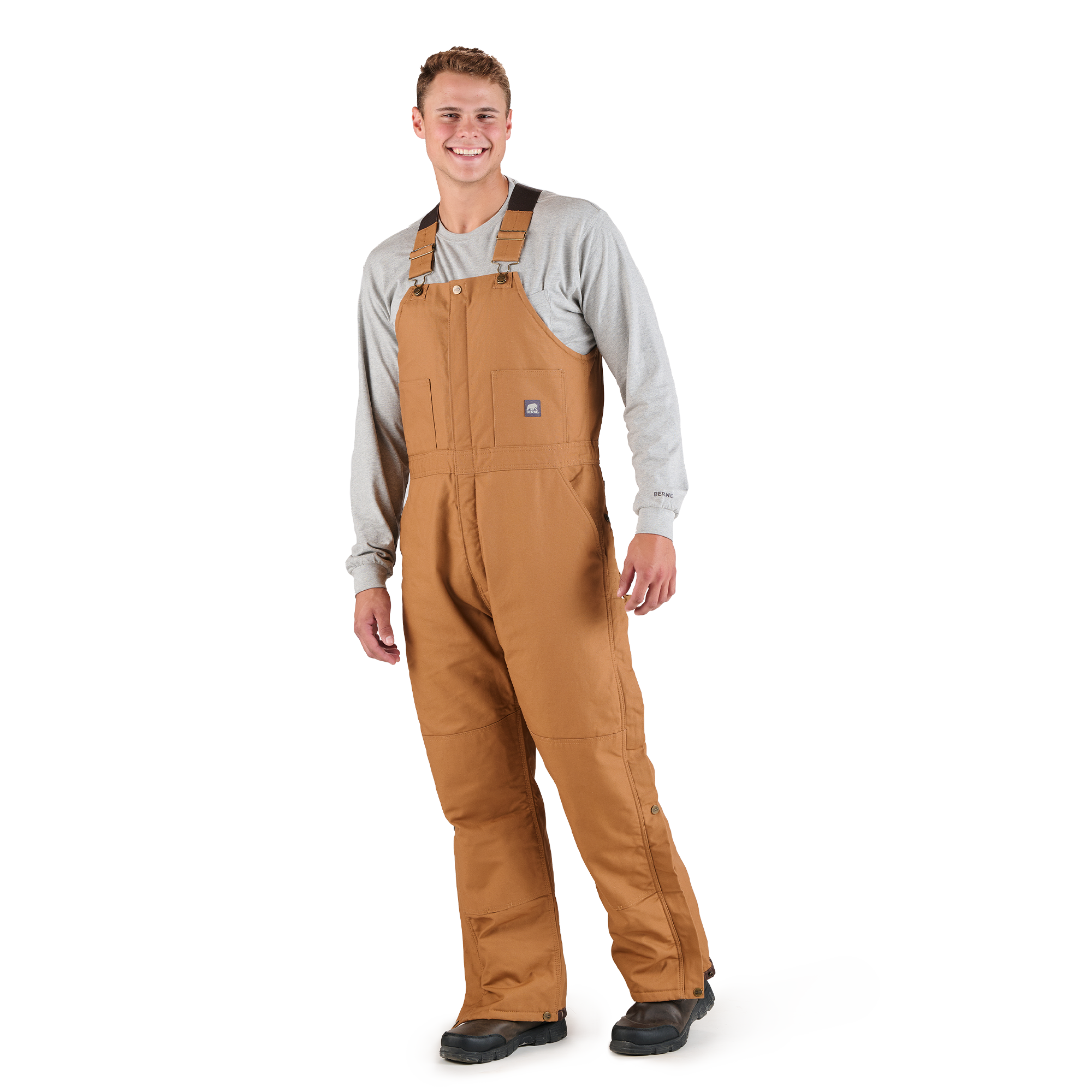 Front view of insulated brown duck bib overalls
