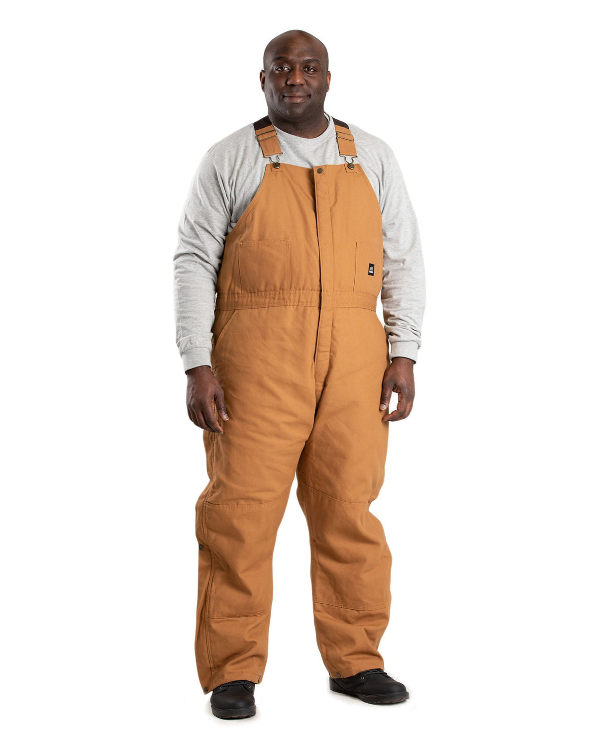 Front view of insulated brown duck bib overalls, alternate shot