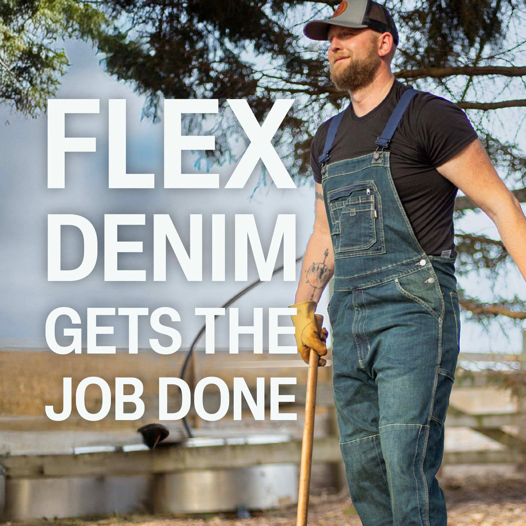 Worn on the job of washed denim bib overalls