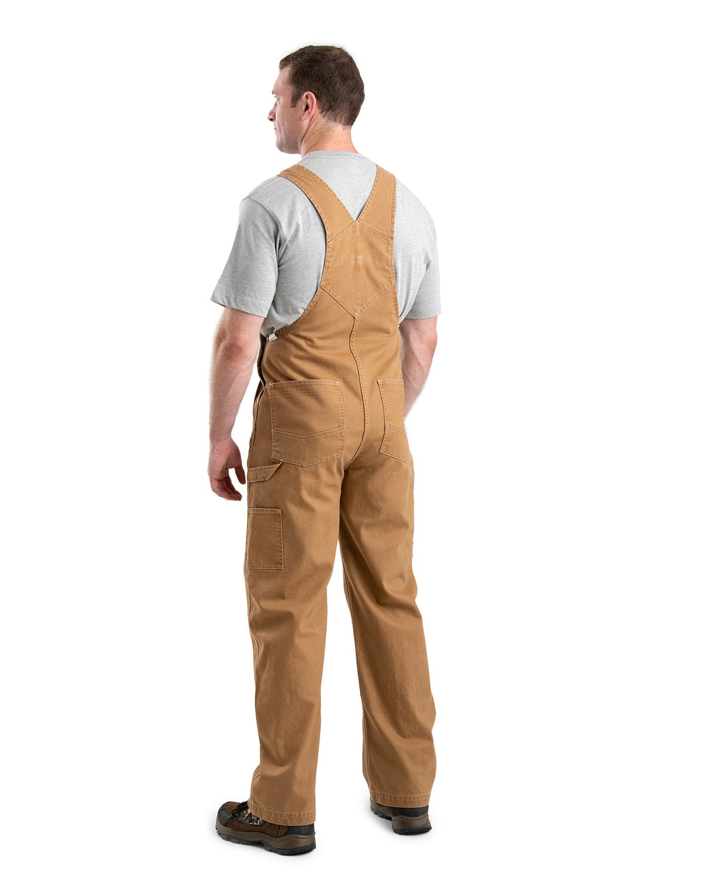 Back view of brown washed duck bib overalls