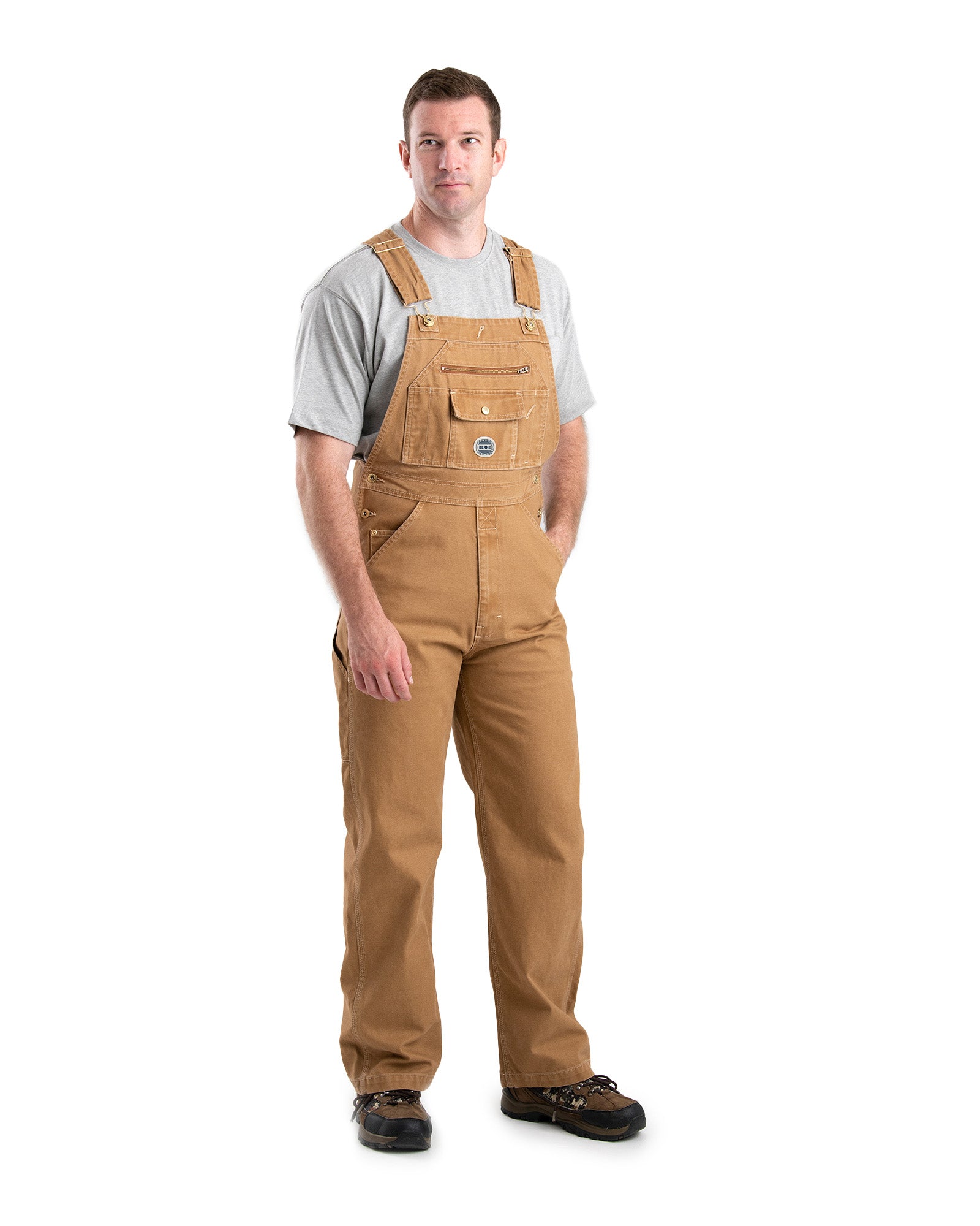 Close detail of brown washed duck bib overalls