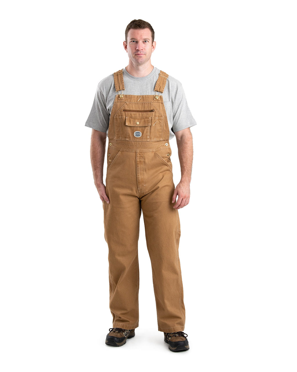 Front view of brown washed duck bib overalls