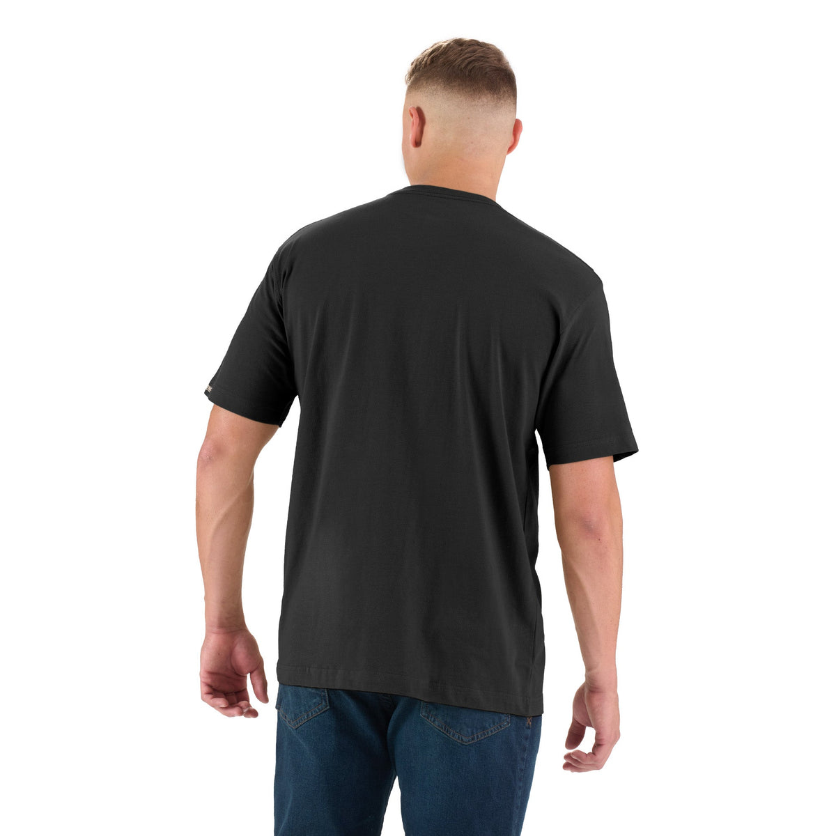 Back view of heavyweight black tee with a chest pocket