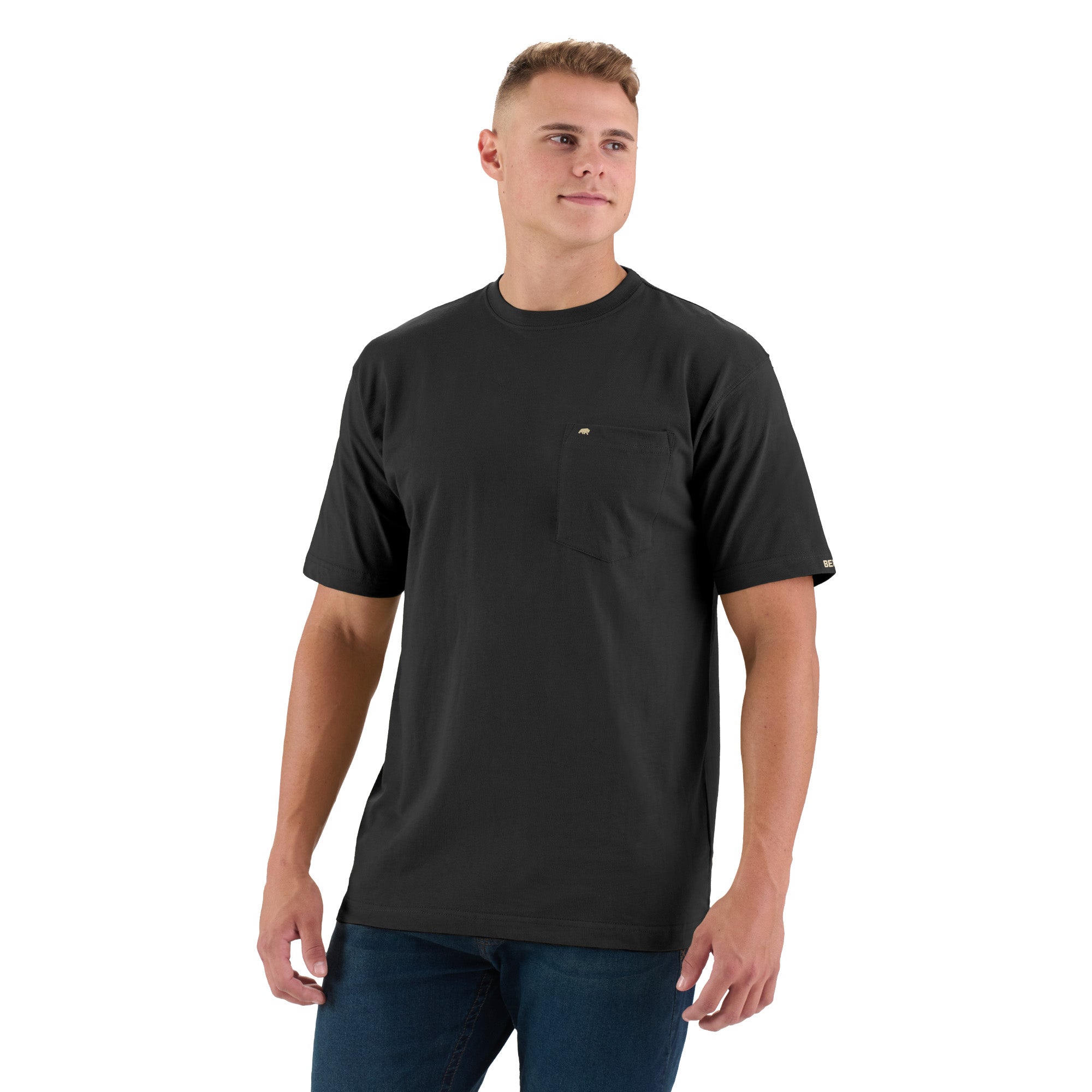 Front view of heavyweight black tee with a chest pocket