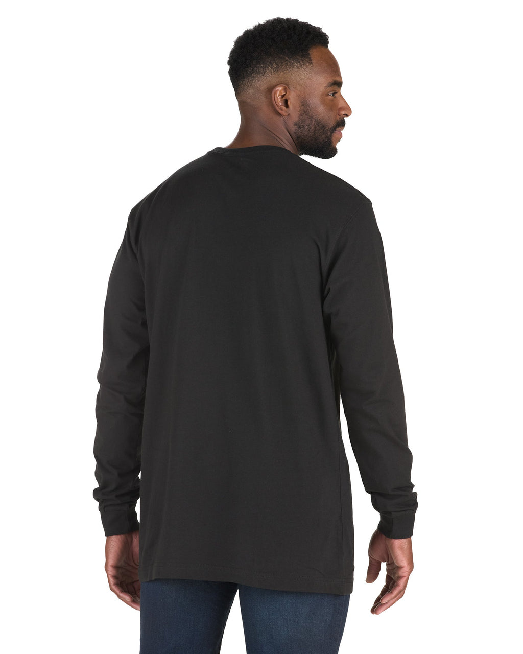 Back view of long sleeve cotton tee with a chest pocket