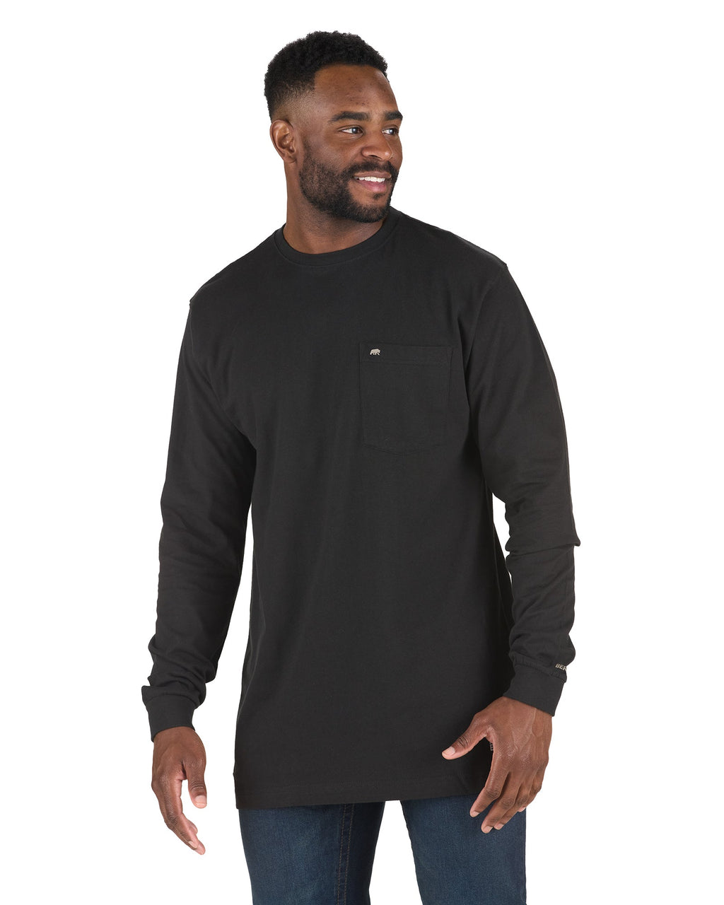 Front view of long sleeve cotton tee with a chest pocket