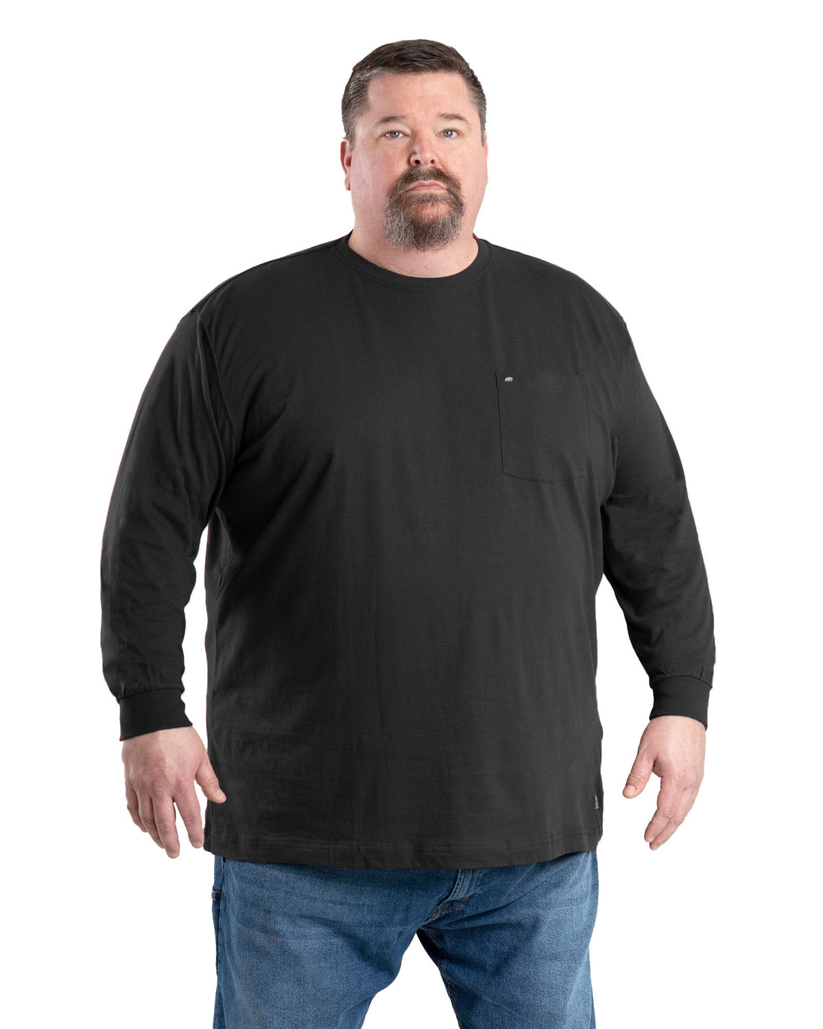 Front view of long sleeve cotton tee with a chest pocket, alternate shot
