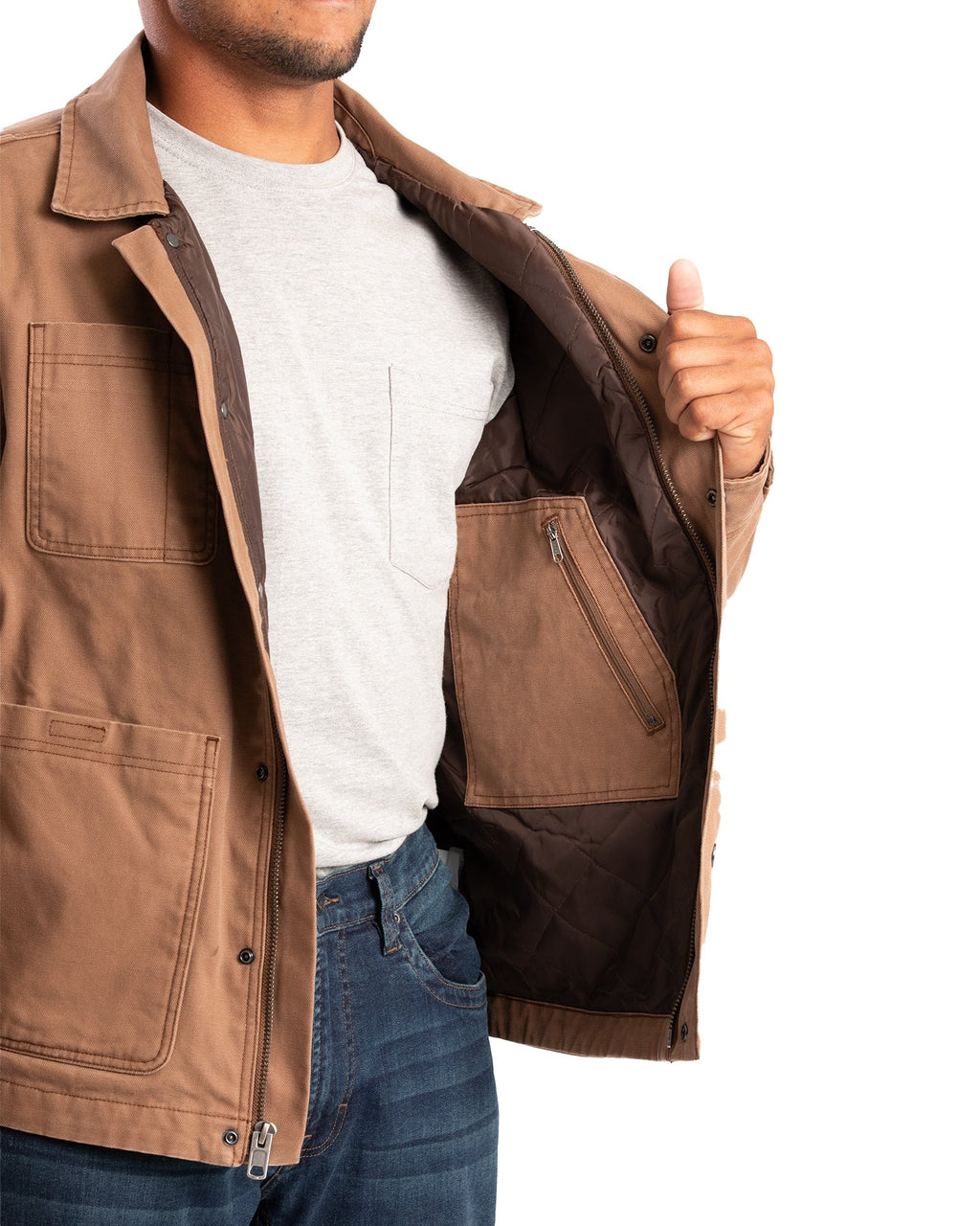 Close detail of driftwood washed duck chore coat