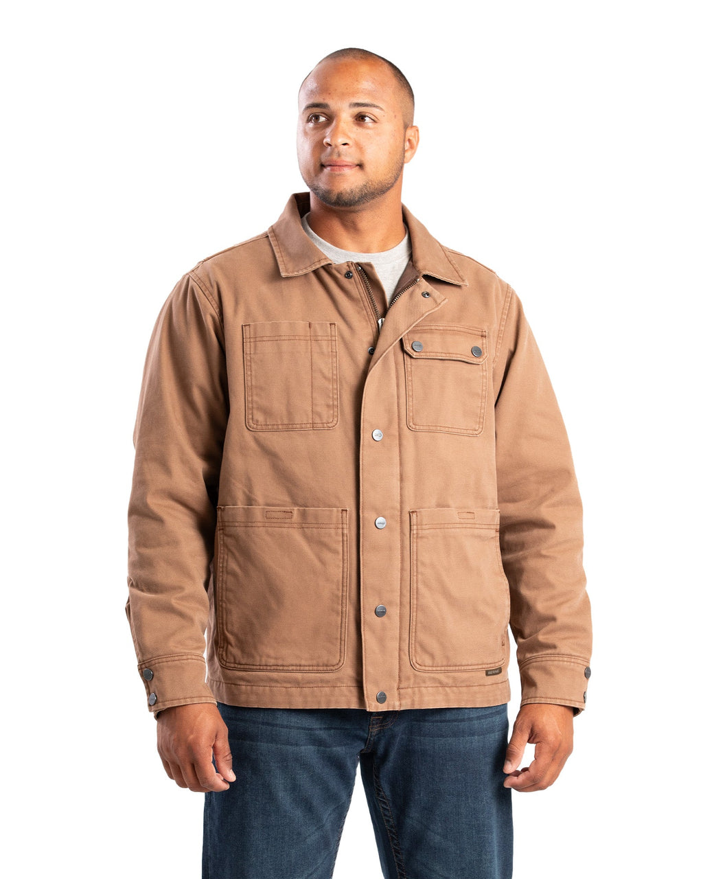 Front view of driftwood washed duck chore coat