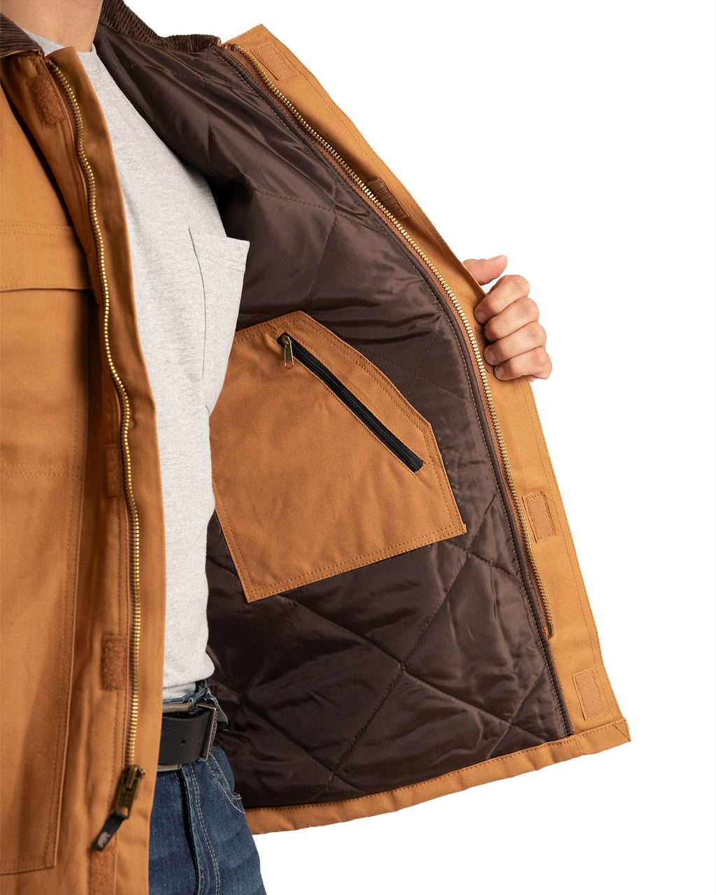 Close detail of insulated duck chore coat