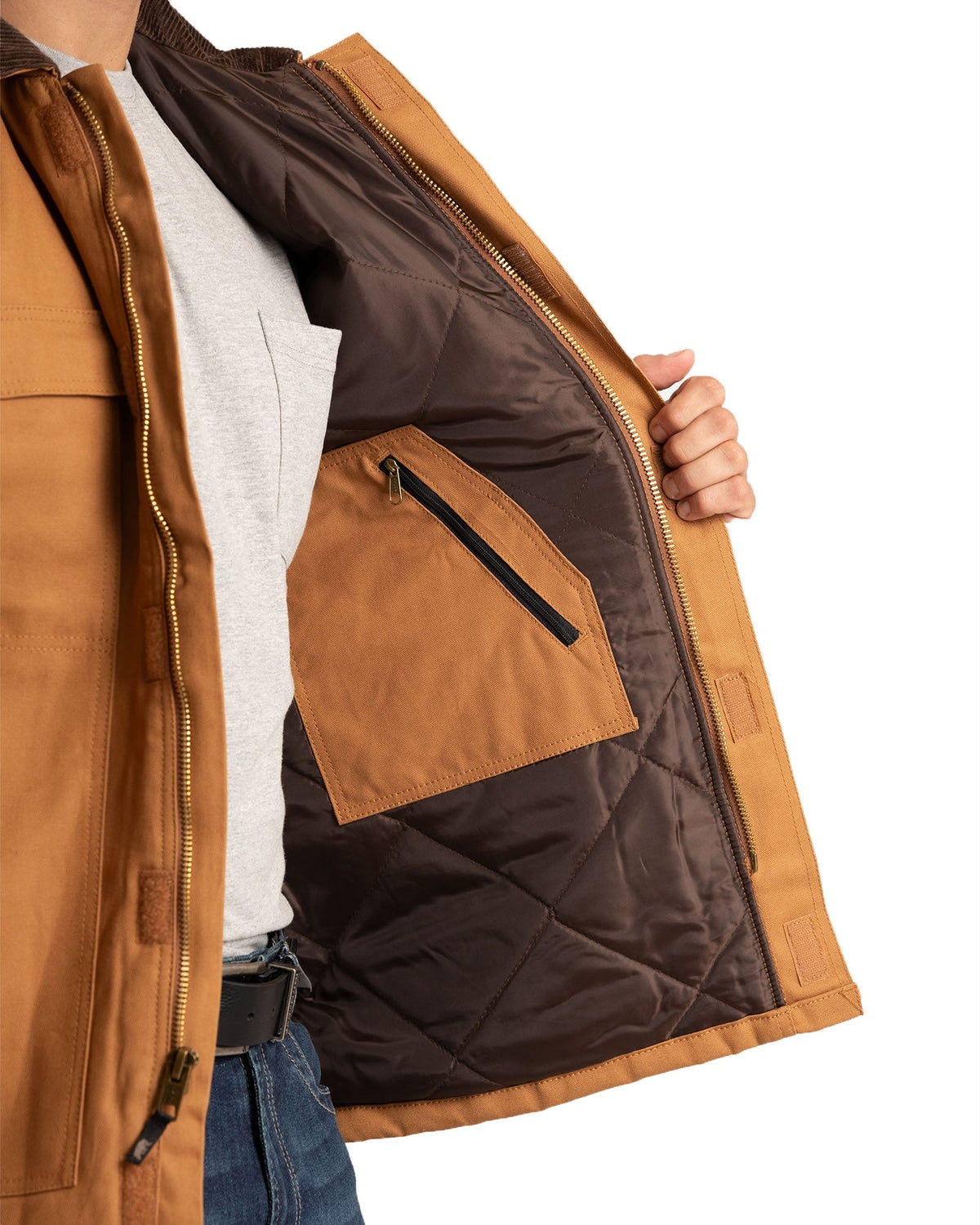 Close detail of insulated duck chore coat