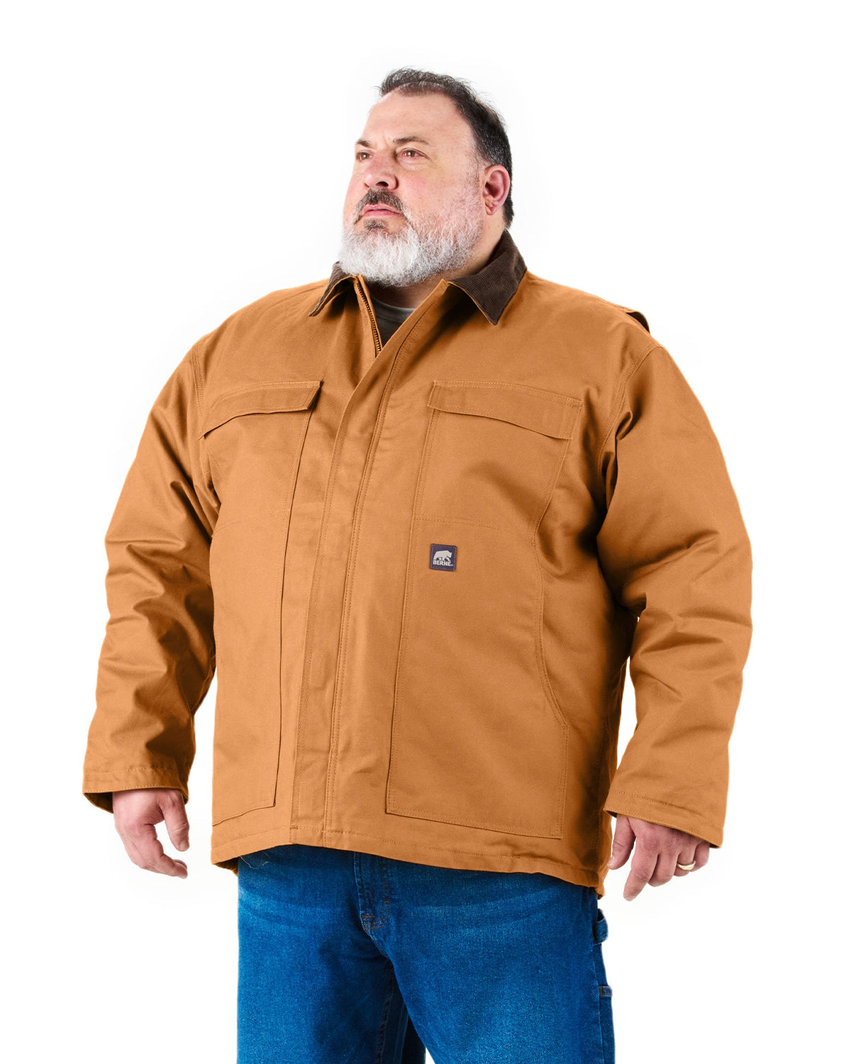 Front view of insulated duck chore coat, alternate shot