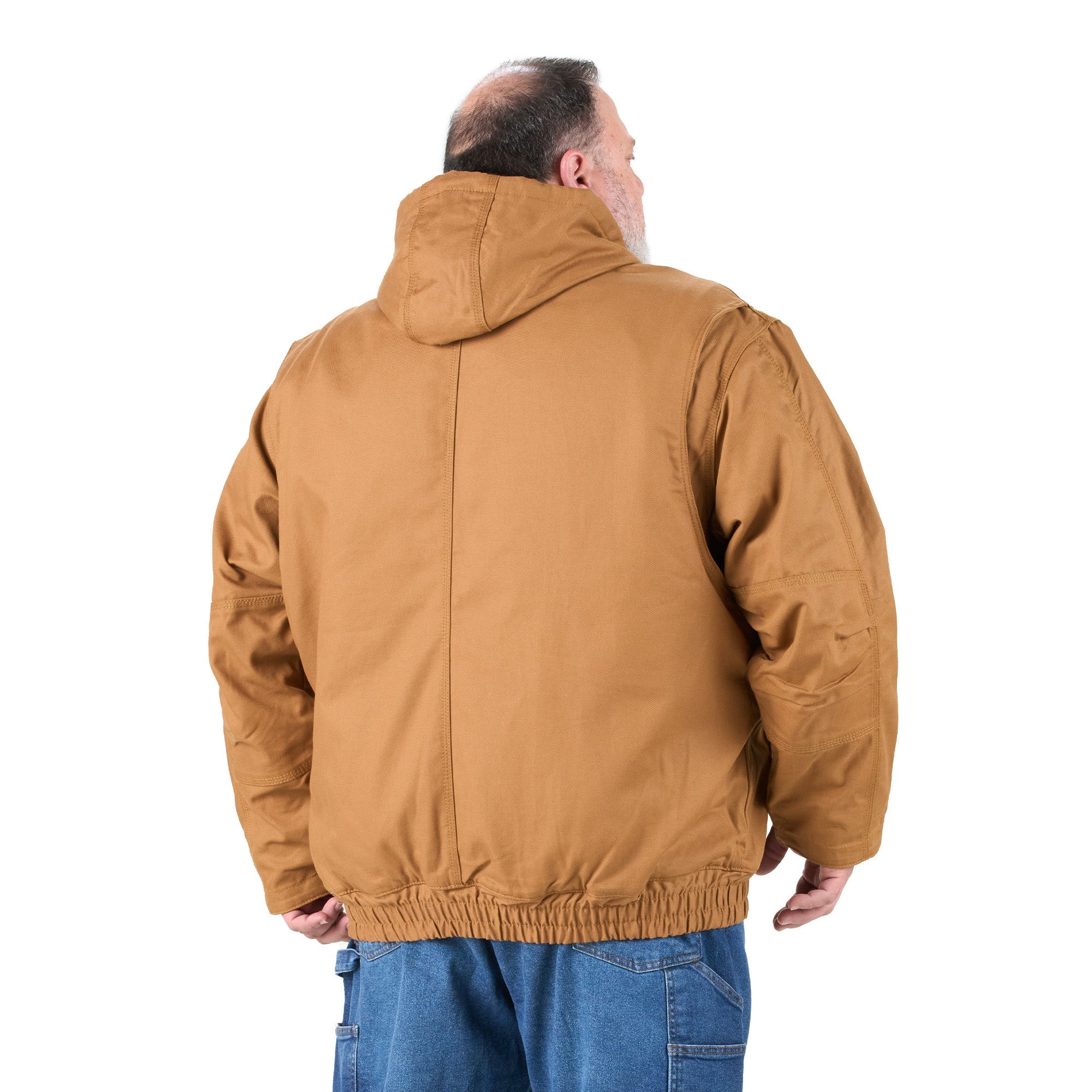 Back view of flame resistant hooded duck jacket, alternate shot