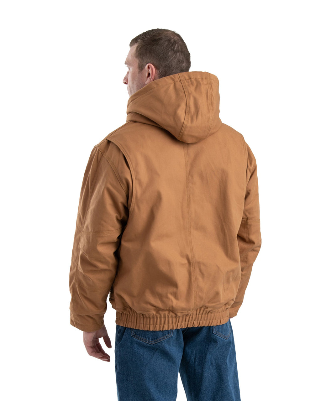 Back view of flame resistant hooded duck jacket