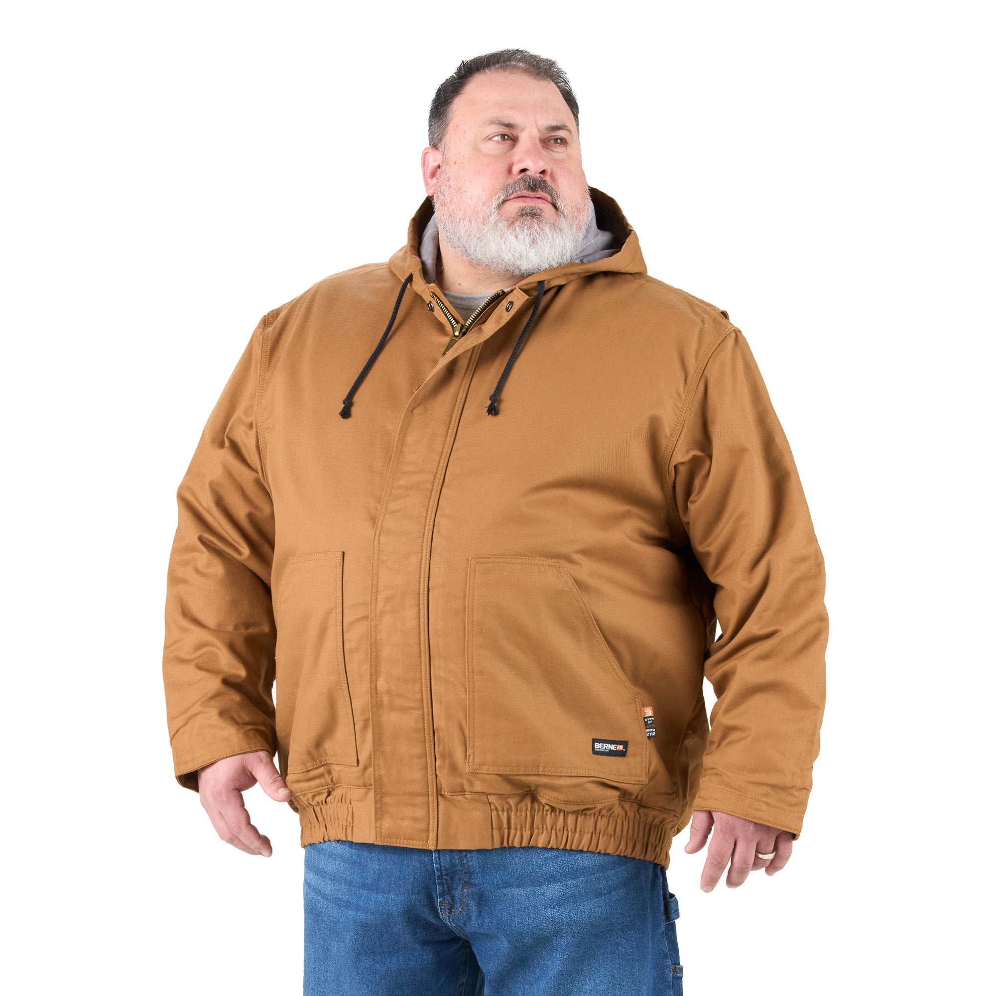 Front view of flame resistant hooded duck jacket, alternate shot