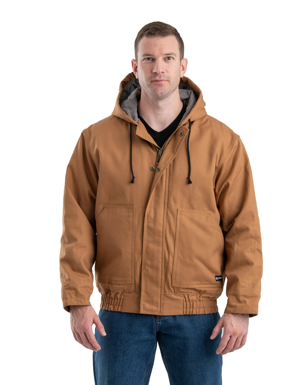 Front view of flame resistant hooded duck jacket