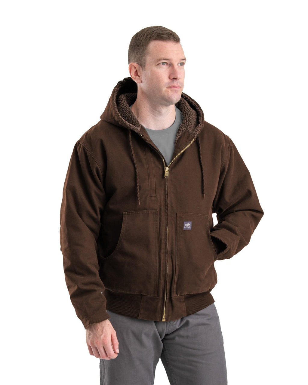 Close detail of black washed duck hooded jacket, alternate shot