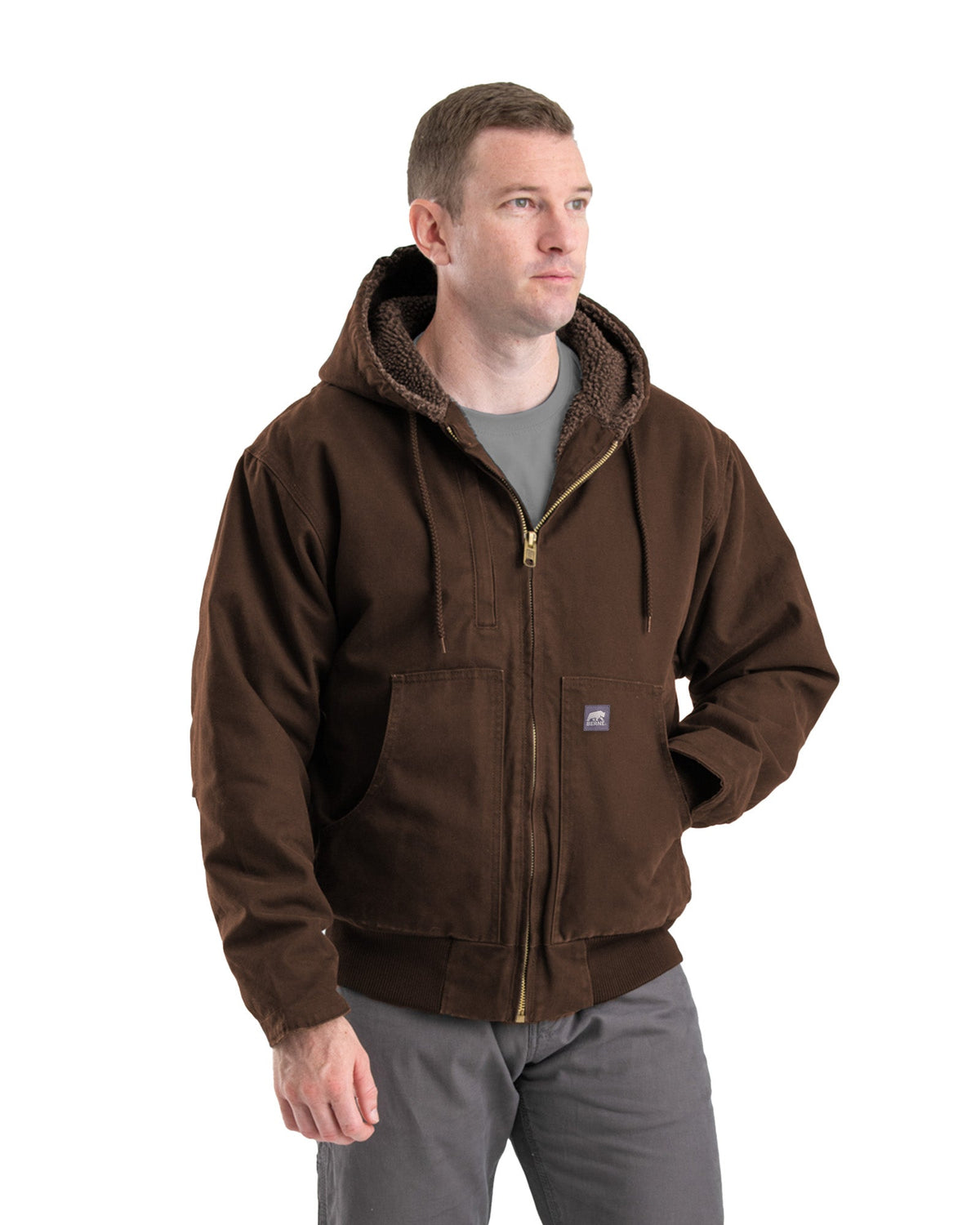 Close detail of black washed duck hooded jacket, alternate shot