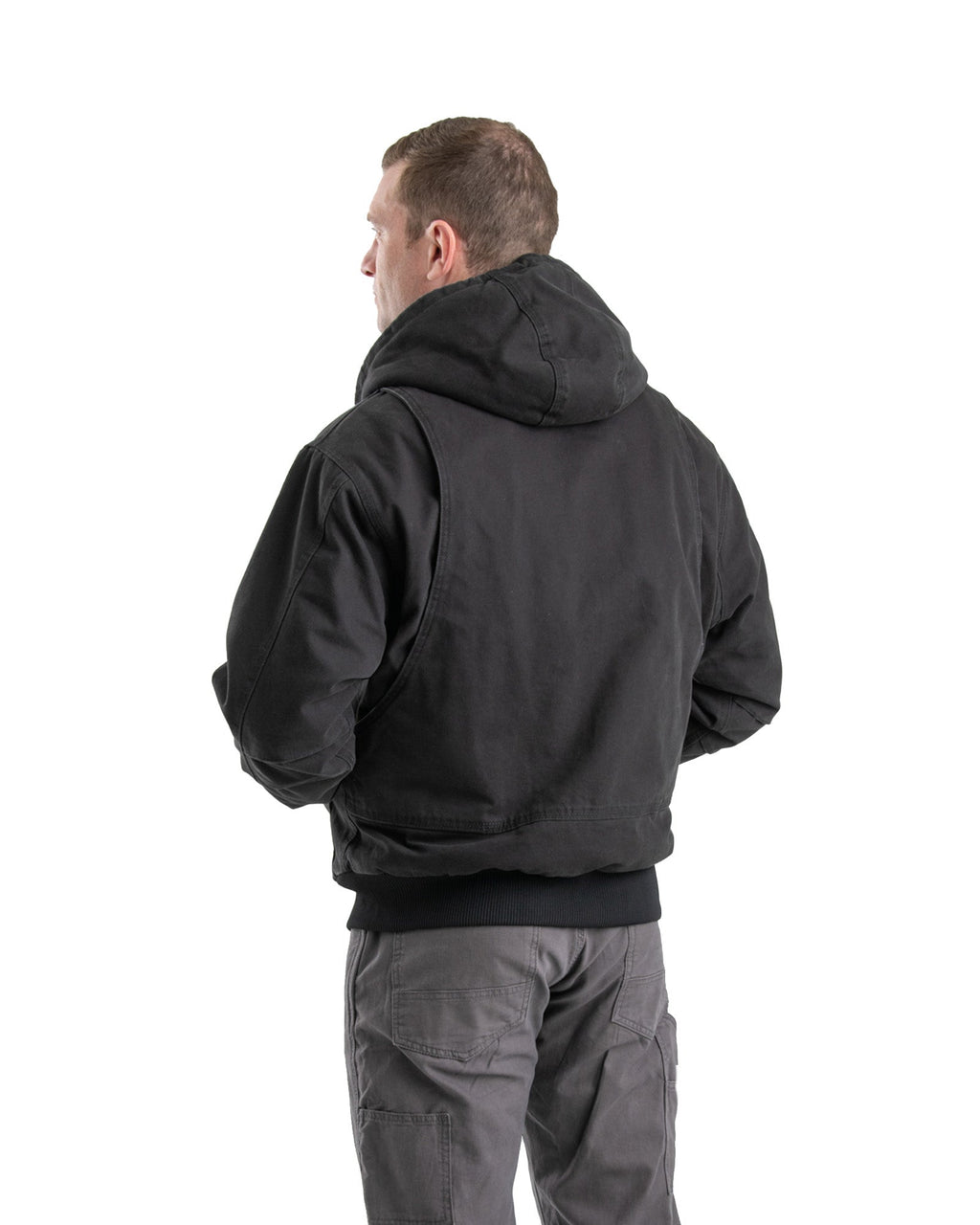 Back view of black washed duck hooded jacket