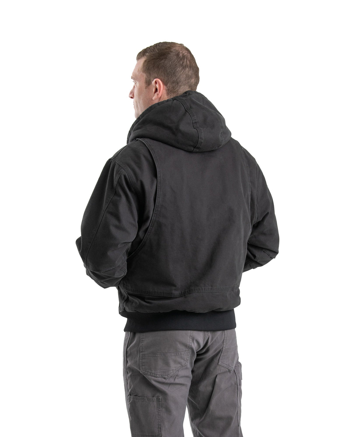 Back view of black washed duck hooded jacket