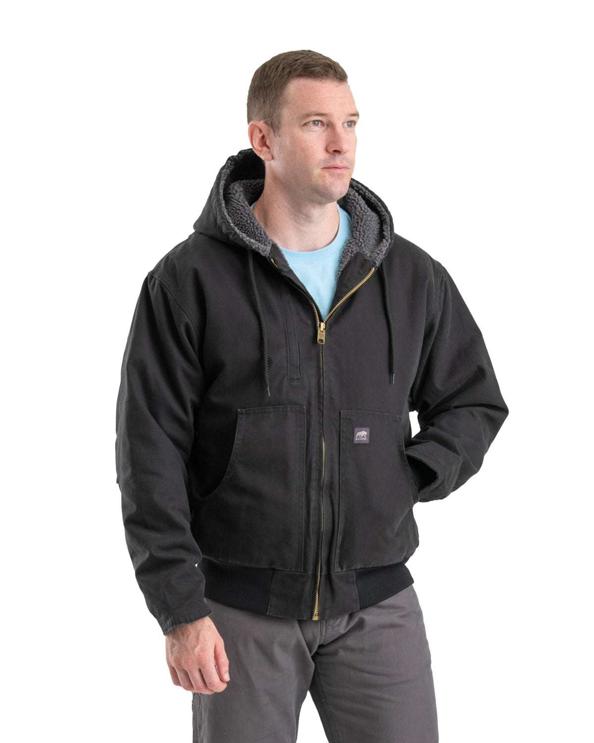 Close detail of black washed duck hooded jacket