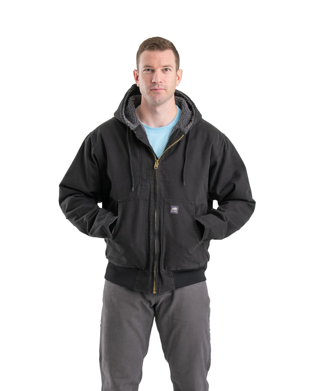 Front view of black washed duck hooded jacket