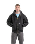 Front view of black washed duck hooded jacket