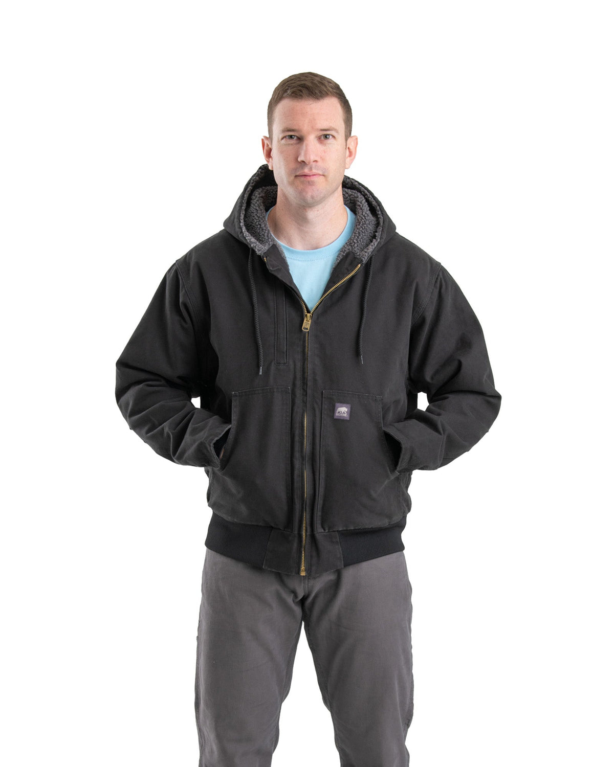 Front view of black washed duck hooded jacket