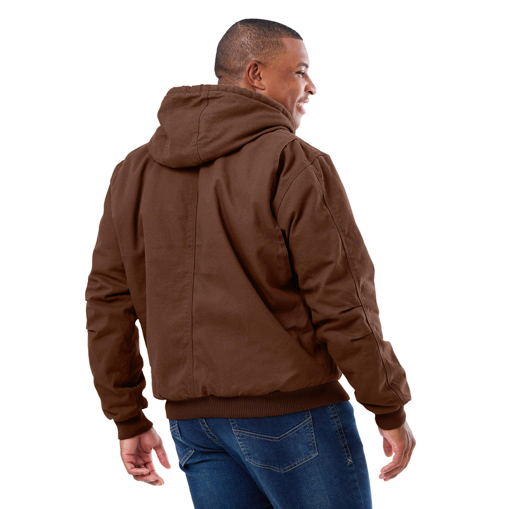 Back view of brown duck jacket with a fixed hood