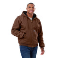 Front view of brown duck jacket with a fixed hood
