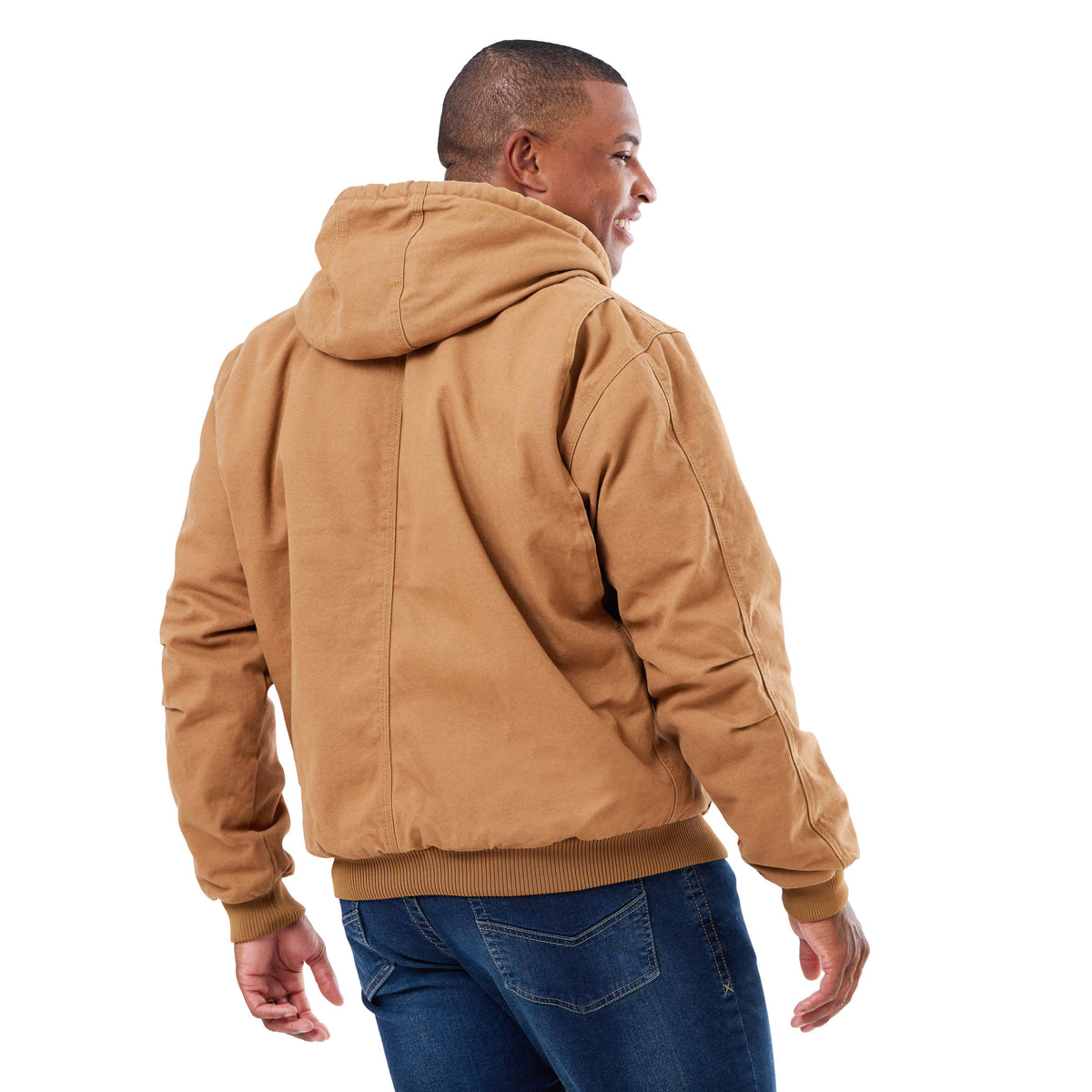 Back view of brown duck jacket with a fixed hood, alternate shot