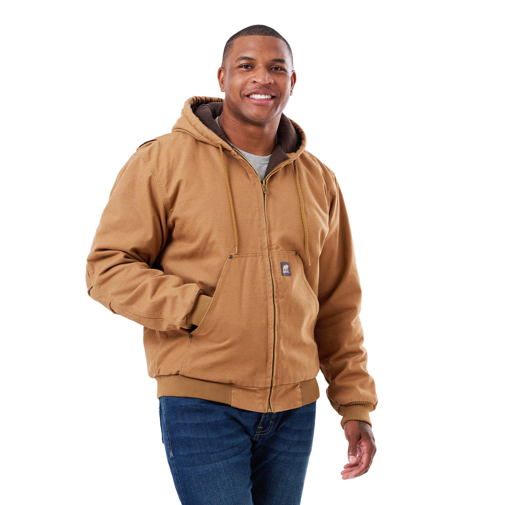 Front view of brown duck jacket with a fixed hood, alternate shot