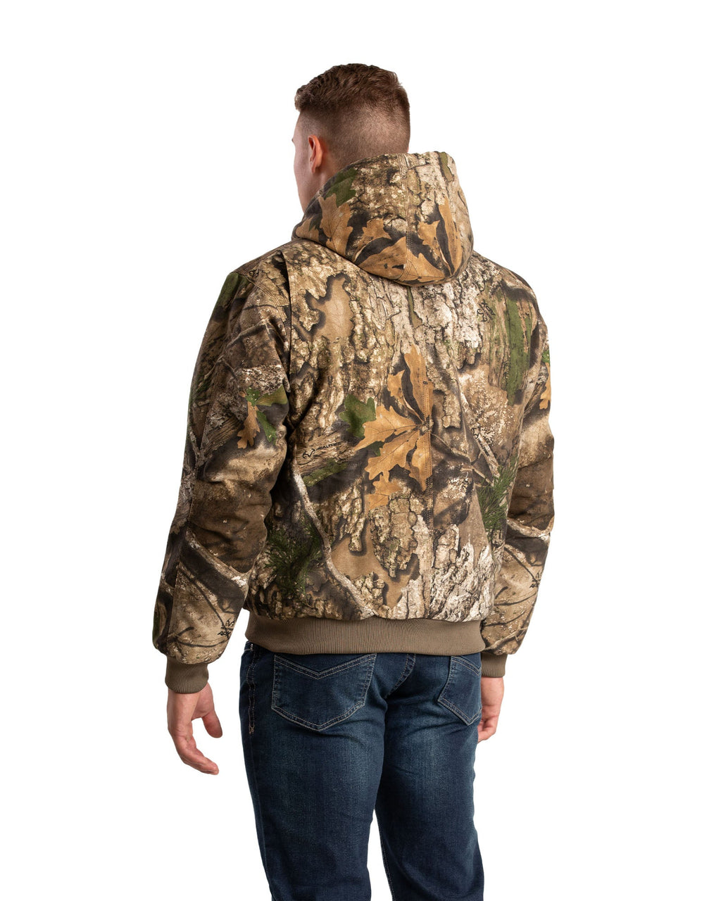 Back view of camouflage hooded duck work jacket