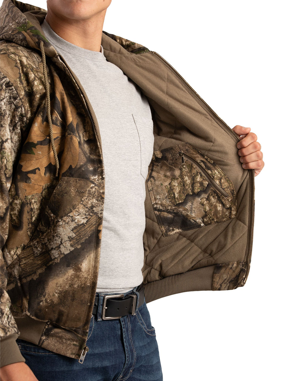 Close detail of camouflage hooded duck work jacket