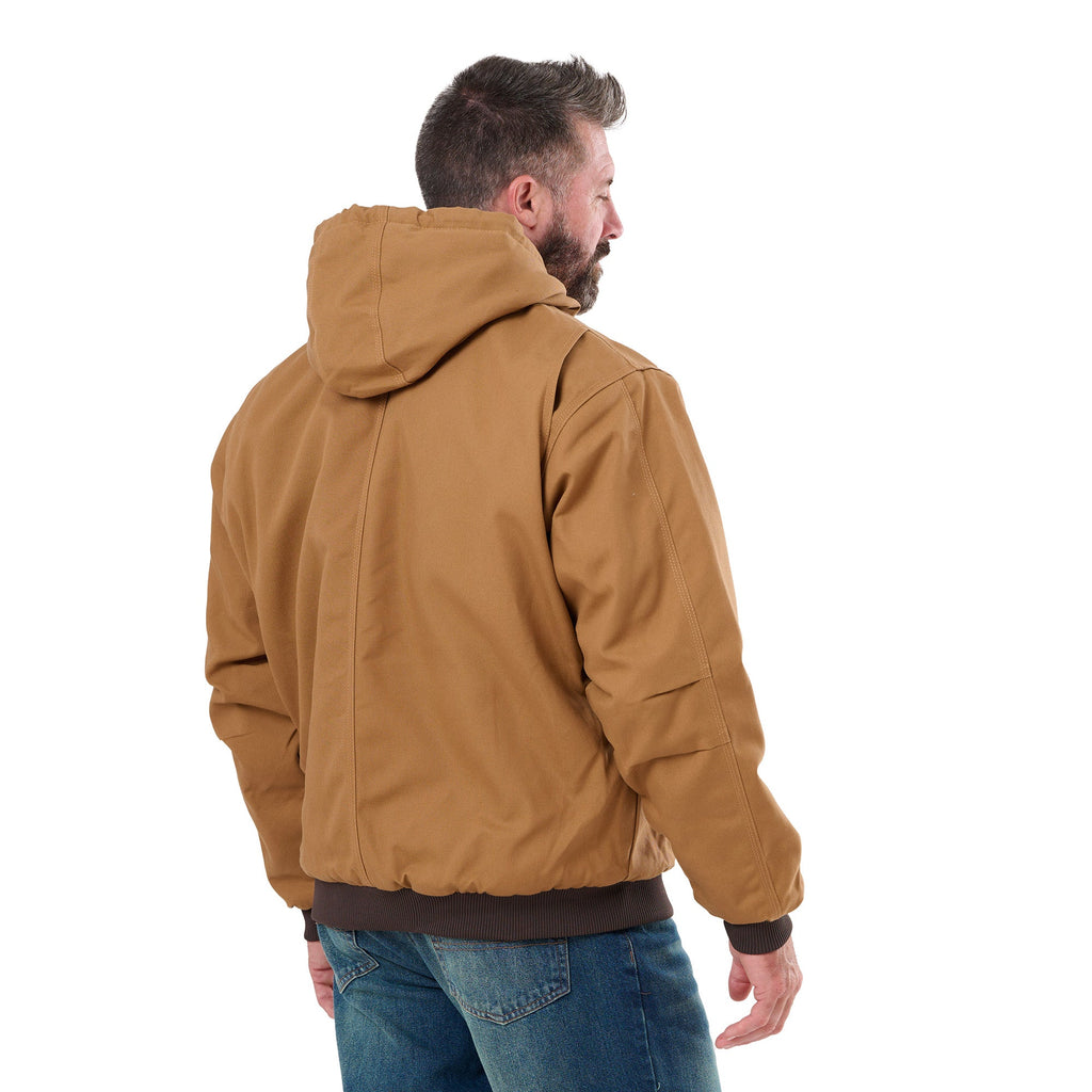 Back view of brown hooded duck work jacket